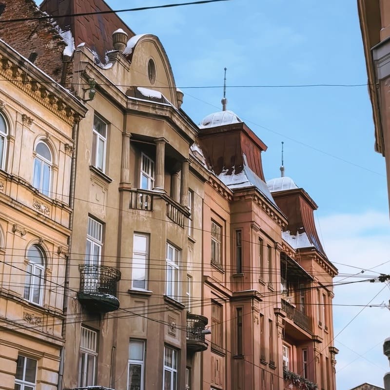 Colorful Building Facades In The Armenian Quarter Of Lviv Old Town, Ukraine