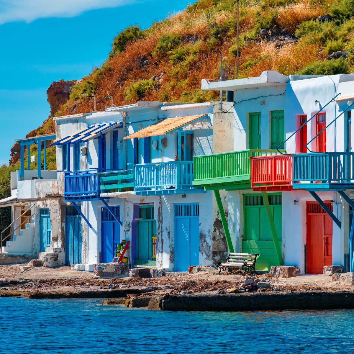 Colorful Doors On Whitewashed Harbor Houses In Klima, Milos, Greece