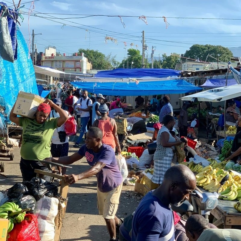 Jamaicans Shopping From An Open Air Fruit Market In Downtown Kingston, Jamaica, Caribbean