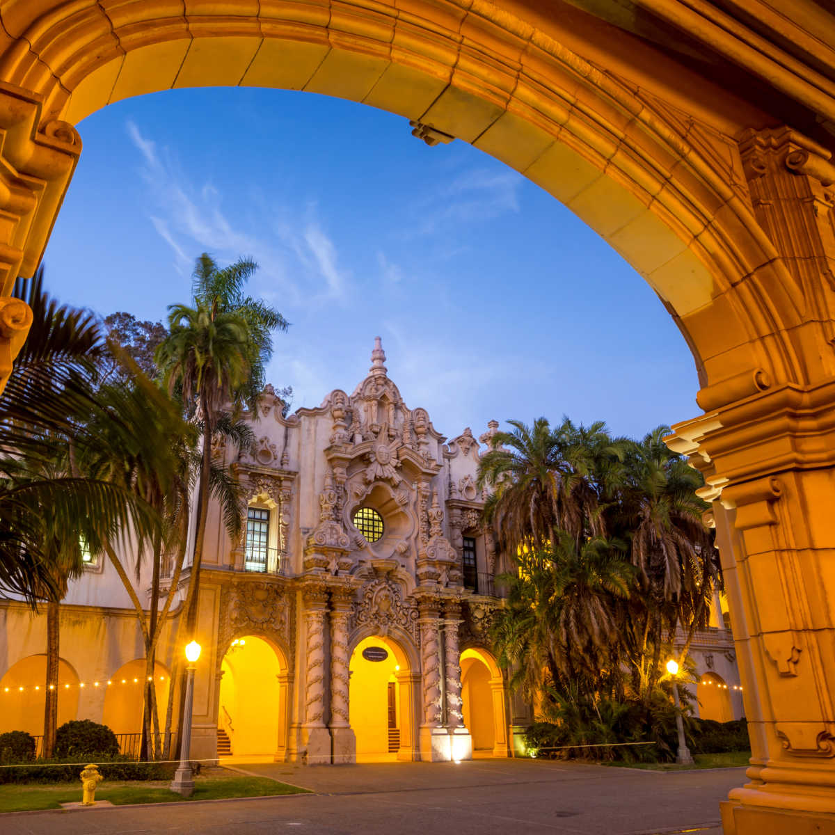 Colonial building at San Diego's Balboa Park at twilight