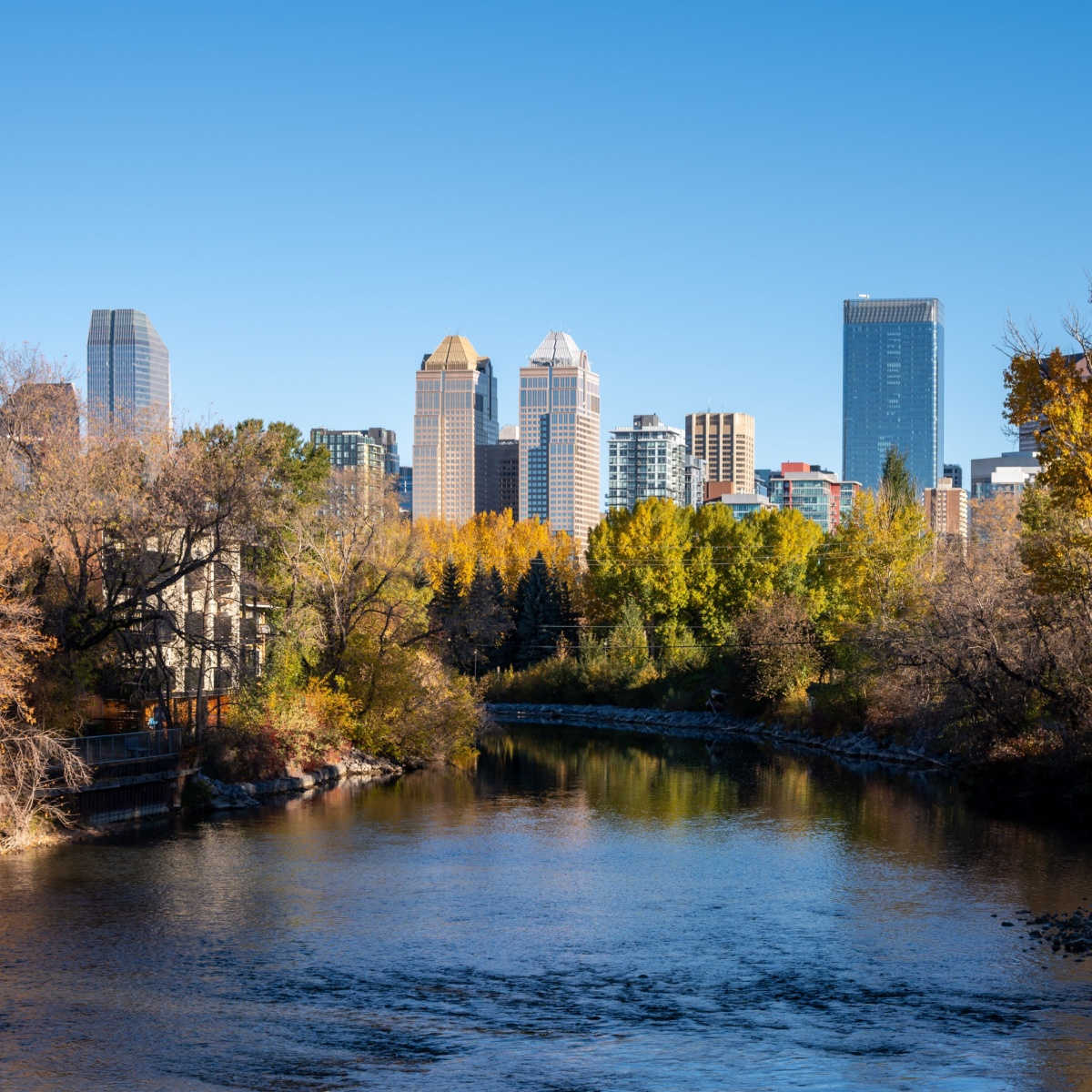 The Elbow River with Calgary's skyline in the background