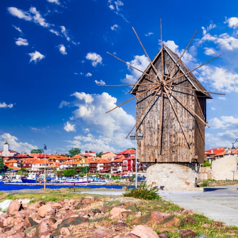 Iconic Windmill In The Nessebar Peninsula, Old Historic City Of Messambria On The Black Sea Coast, Bulgaria