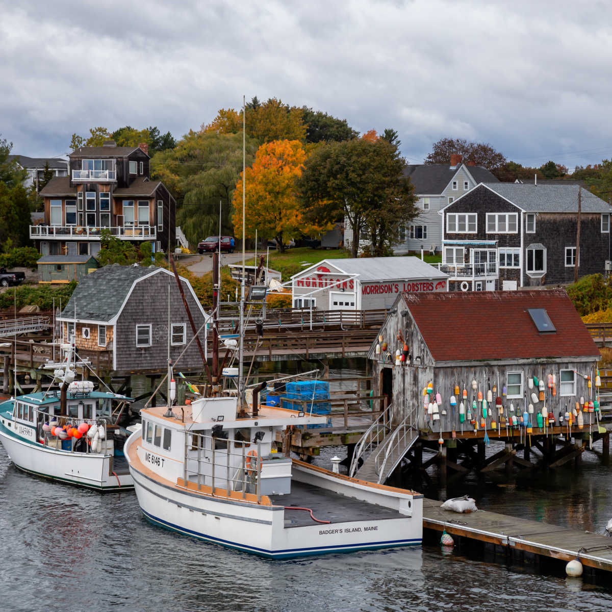 Boats docked at Badger Island, Maine