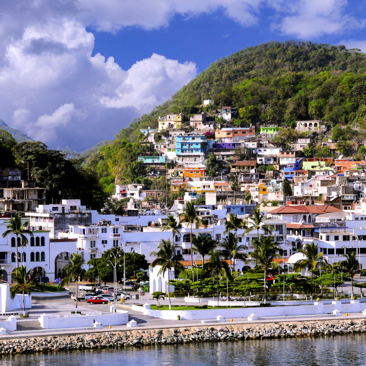 White and colorful hillside buildings in Manzanillo